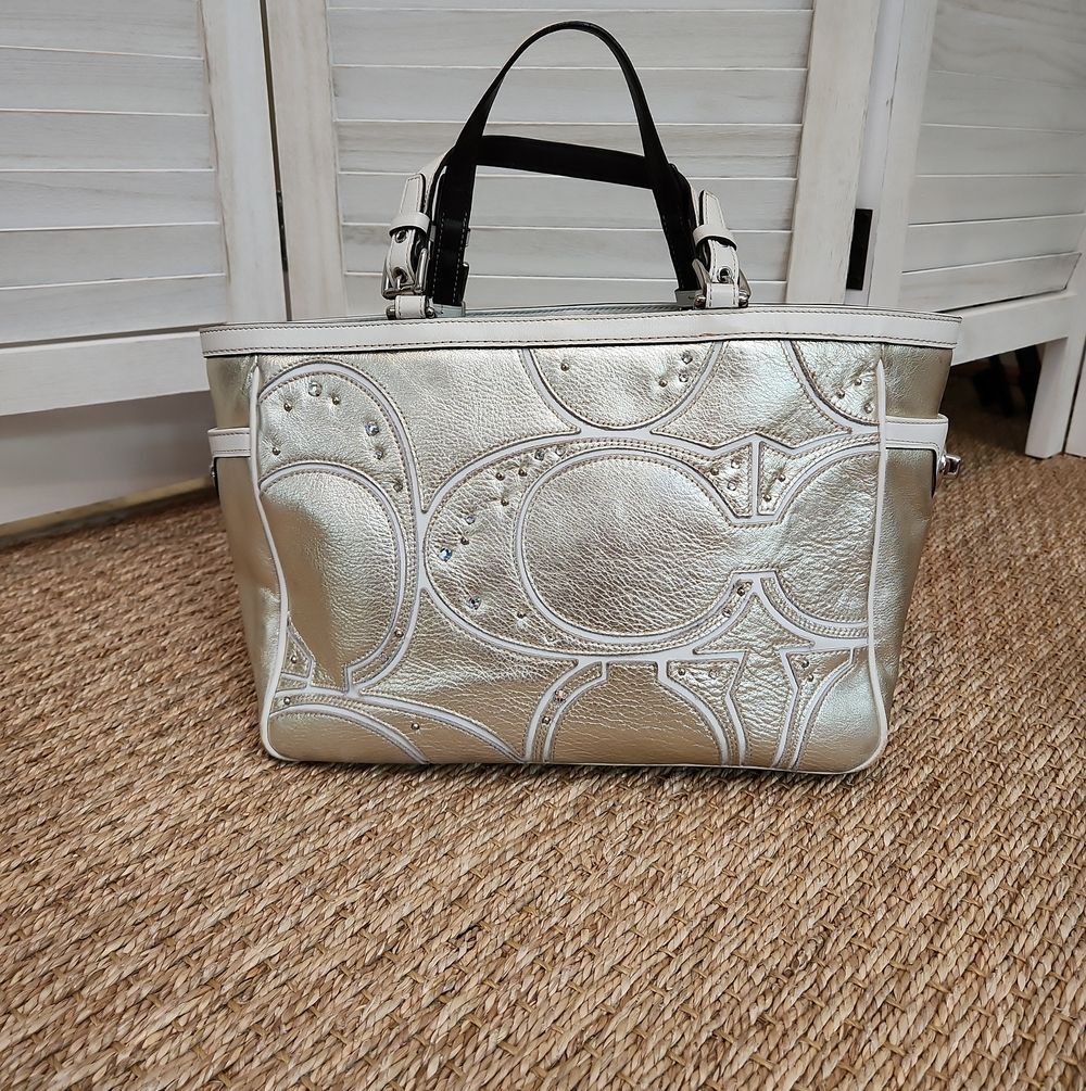 Coach Silver Embossed Tote Bag with Stud Detail